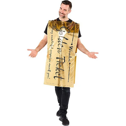 Shiny golden ticket adult costume with black bow tie and hat