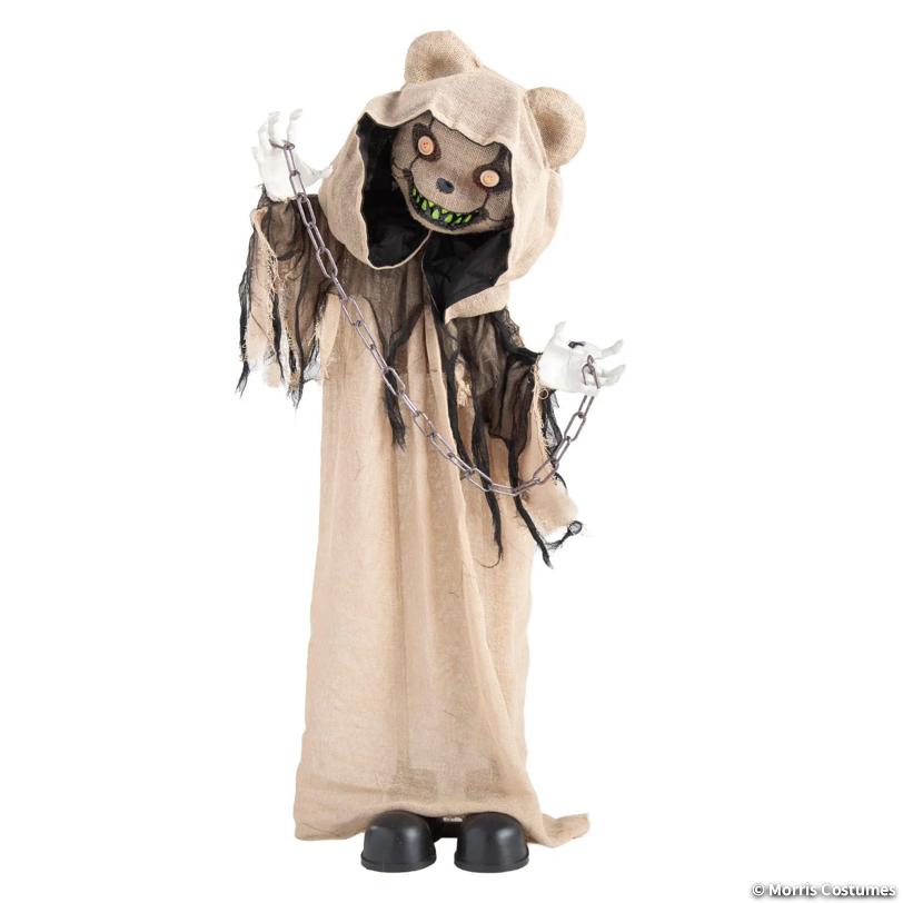 A creepy, tattered ghostly bear Halloween decoration with a beige hooded robe, black tattered sleeves, white clawed hands, and a menacing face.