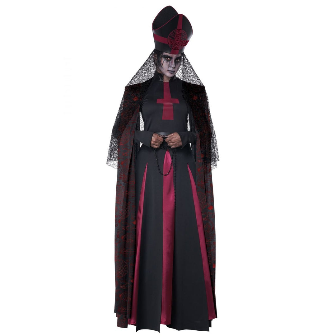 Occult Priestess Women's Costume featuring black robe, pentagram necklace, and witch hat for Halloween or cosplay