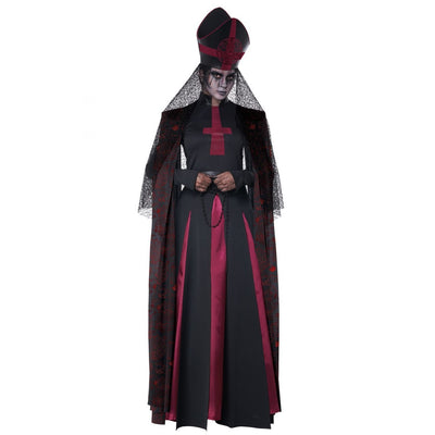 Occult Priestess Women's Costume featuring black robe, pentagram necklace, and witch hat for Halloween or cosplay