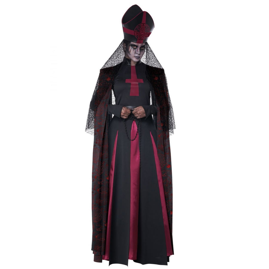 Occult Priestess Women's Costume featuring black robe, pentagram necklace, and witch hat for Halloween or cosplay