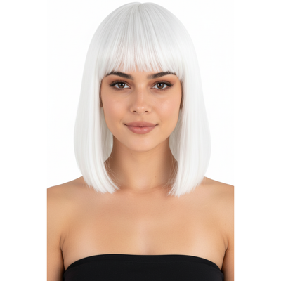 Claudia Snow Seduction sleek pure white straight bob wig with full blunt fringe