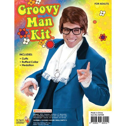 Man wearing Groovy Man of Mystery Costume Accessory Kit with sunglasses, wig, and medallion