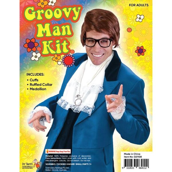 Man wearing Groovy Man of Mystery Costume Accessory Kit with sunglasses, wig, and medallion