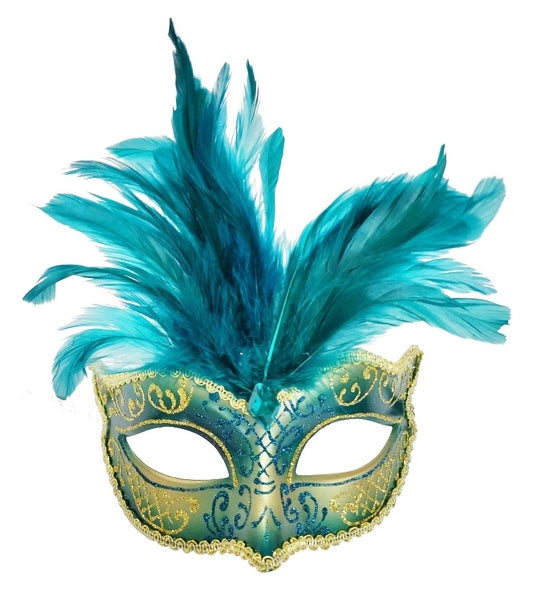 Exquisite gold and teal masquerade eye mask adorned with delicate feathers