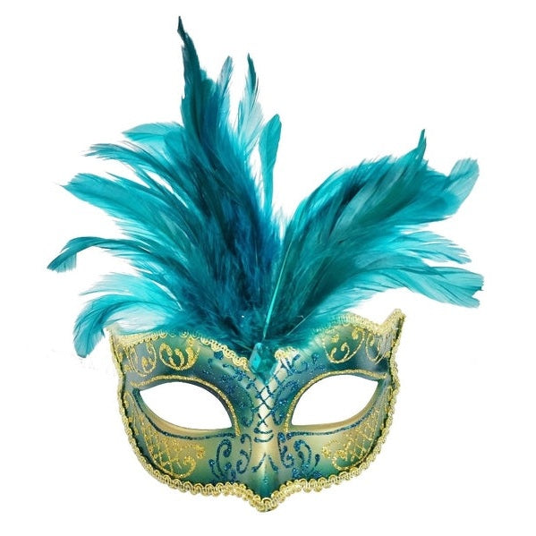 Exquisite gold and teal masquerade eye mask adorned with delicate feathers