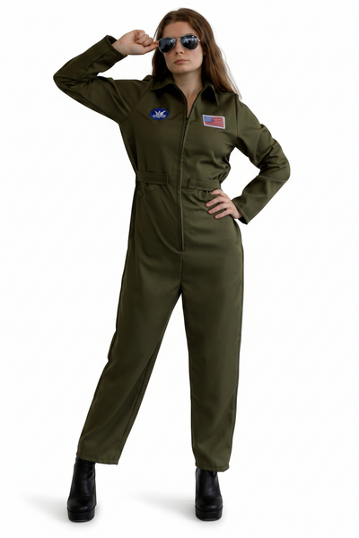 A woman modeling an olive green military-style jumpsuit with a zip front, long sleeves, and small embroidered patches on the chest, posed against a plain white background.