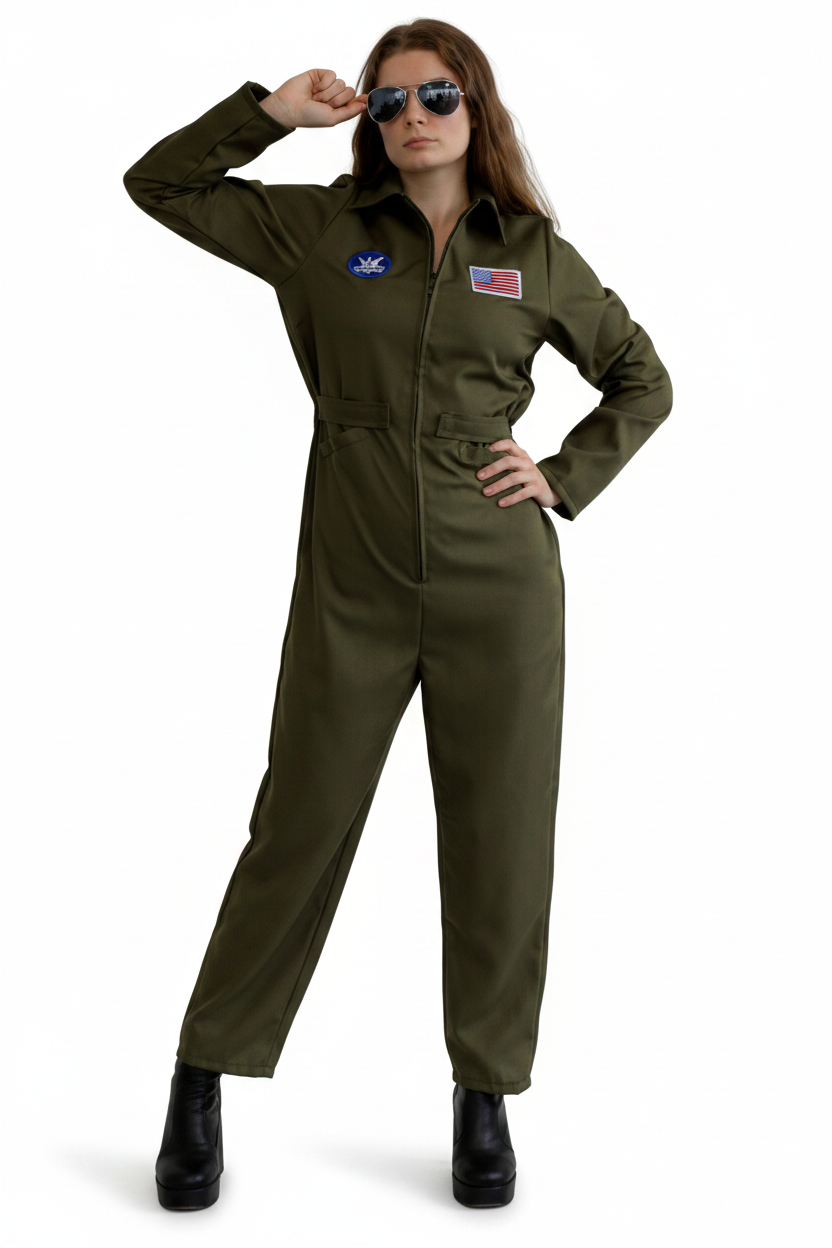 A woman modeling an olive green military-style jumpsuit with a zip front, long sleeves, and small embroidered patches on the chest, posed against a plain white background.