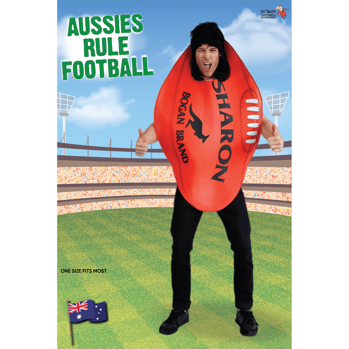 A person wearing a red Aussie Rule Football costume with black hair and black pants, standing on a green soccer field backdrop with stadium seating and sky. Large text reads 'AUSSIES RULE FOOTBALL' and the brand 'Dr.