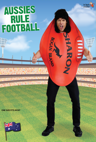 A person wearing a red Aussie Rule Football costume with black hair and black pants, standing on a green soccer field backdrop with stadium seating and sky. Large text reads 'AUSSIES RULE FOOTBALL' and the brand 'Dr.