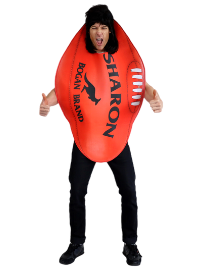 Person wearing a red inflatable football costume with 'Sharon' branding on a white background