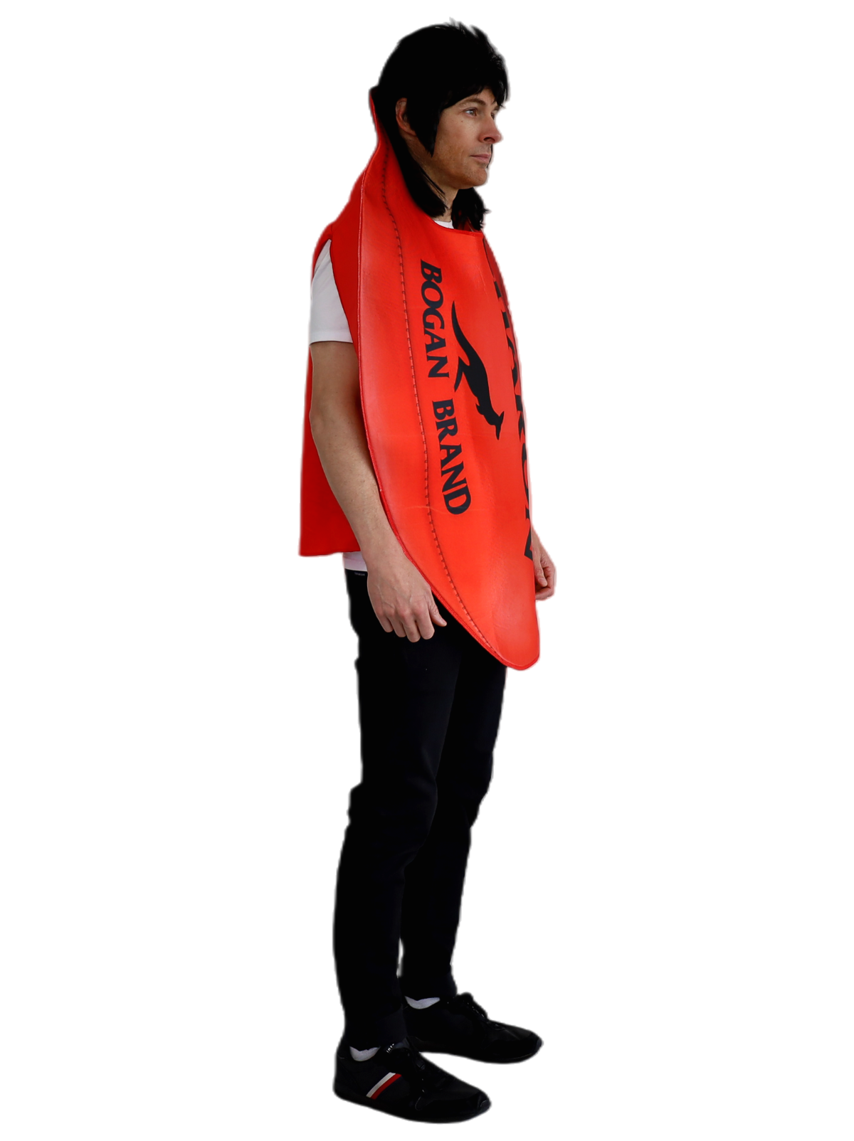 Person wearing a bright orange life vest with 'Bogan Brand' text on a white background