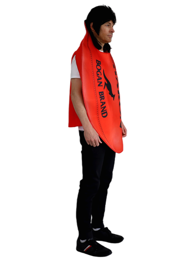 Person wearing a bright orange life vest with 'Bogan Brand' text on a white background