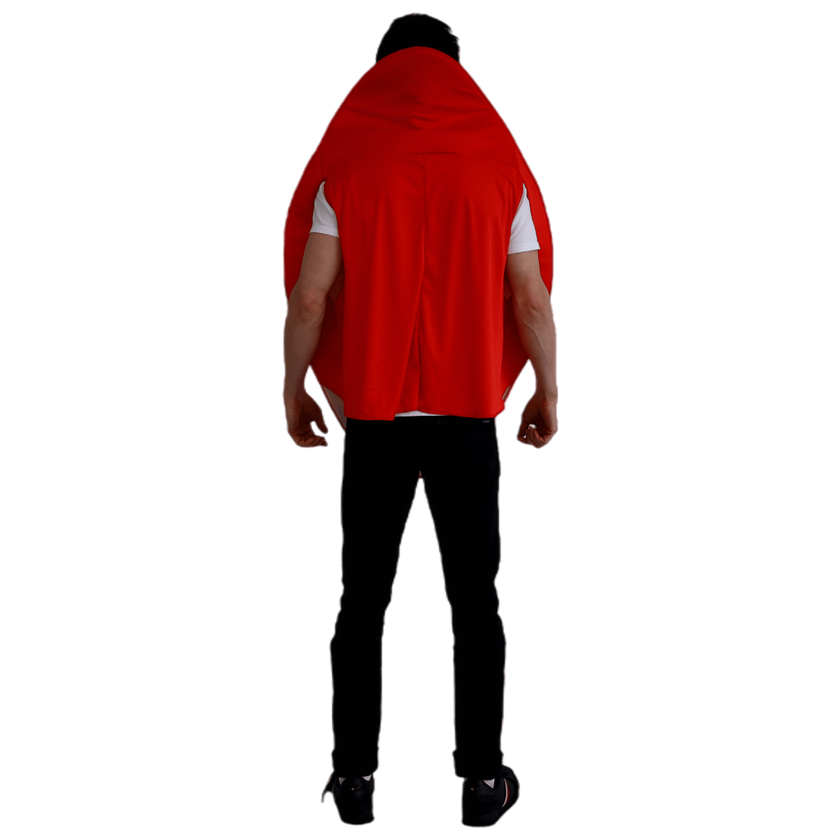 Person wearing a red cape over a white shirt on a white background