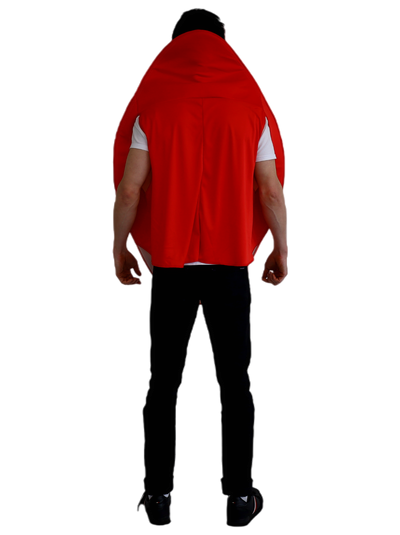 Person wearing a red cape over a white shirt on a white background