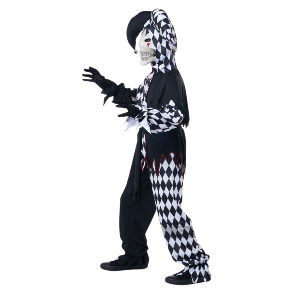 A child modeling a creepy clown Halloween costume against a plain white background. The costume features a black and white harlequin pattern on the hood, sleeves, and legs, with solid black pants and gloves, and small red details.