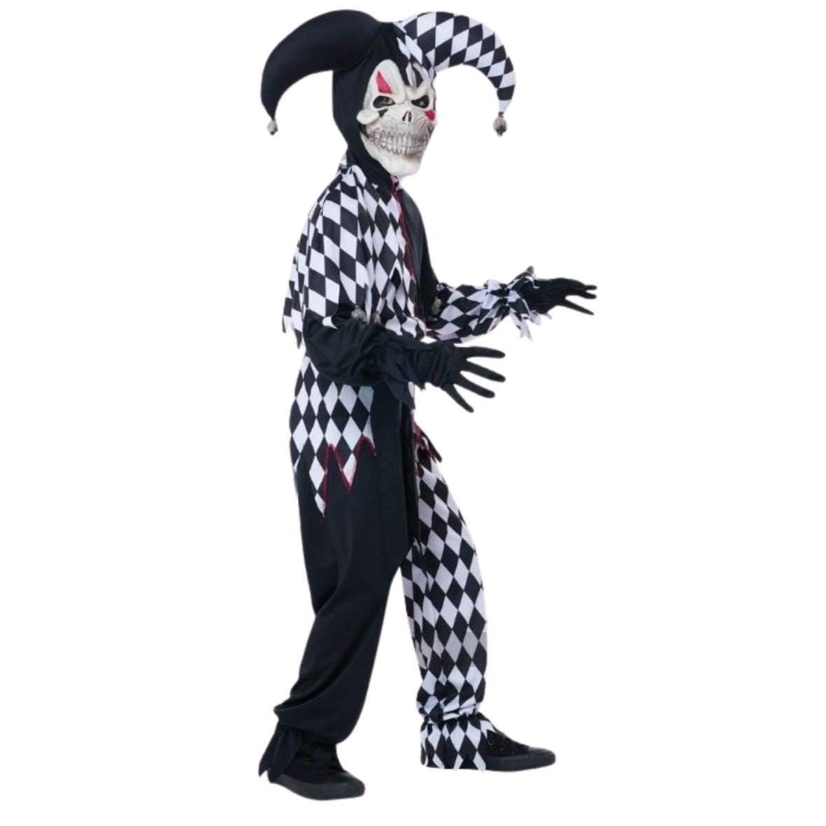 A person modeling a creepy jester costume on a plain white background. The costume features a black and white harlequin diamond pattern, solid black pants and jester hat, black gloves, and a white skull mask with red and black painted details.