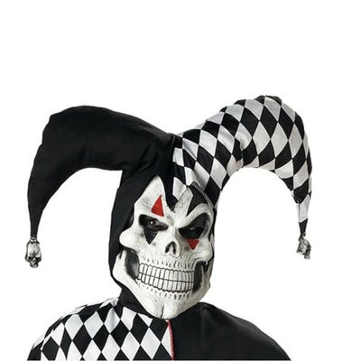 A person wearing a jester costume with a black and white harlequin-patterned hat, matching cape, and a skull face mask with red eye accents, shown against a plain white background.
