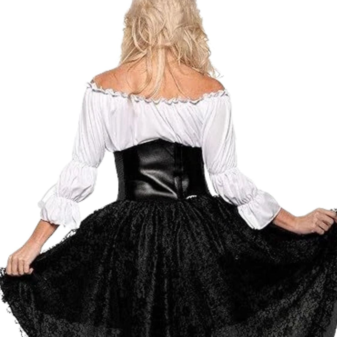 A woman shown from the back wearing a black and white gothic costume with a white off-the-shoulder long-sleeve top and a black faux-leather corset over a voluminous black skirt, set against a plain white background.