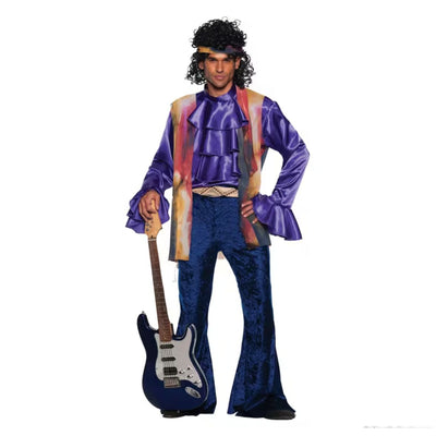 Person wearing a colorful costume with a guitar on a white background