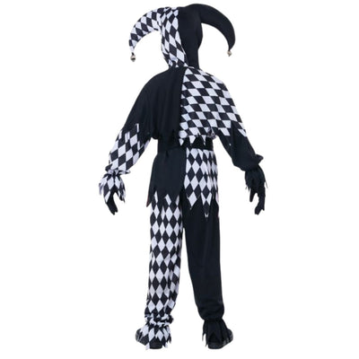 A children's black and white harlequin jester costume shown from the back, featuring a pointed jester hat, black sleeves and pants, and black-and-white diamond-patterned sections on the hat, shoulders, and legs.