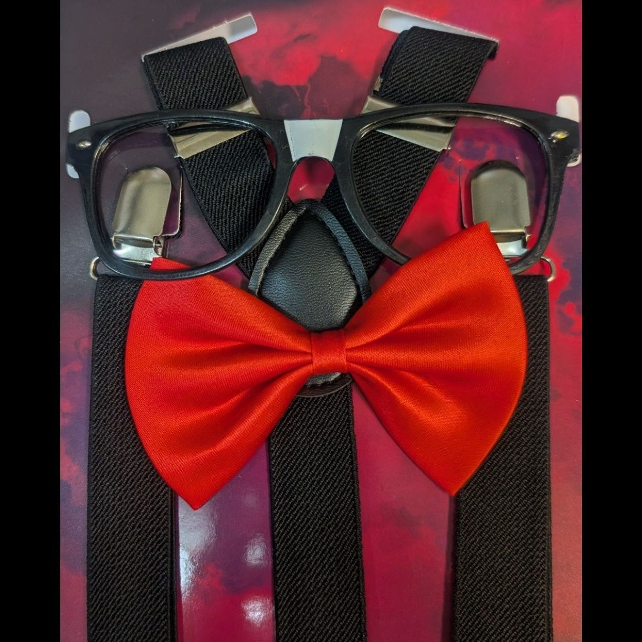Nerd Costume Accessory Set – Glasses, Suspenders & Red Bow Tie