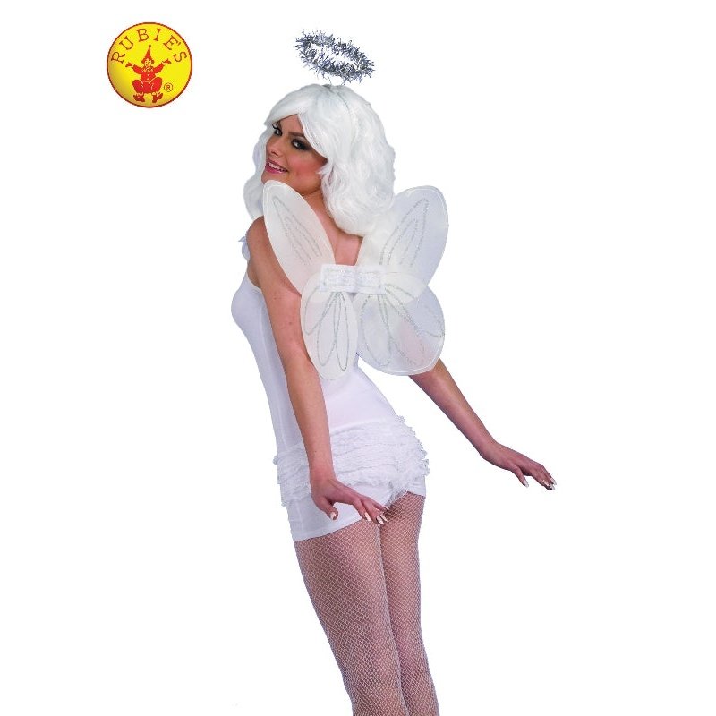 Beautiful white angel wings and golden halo set, perfect for costumes and dress-up