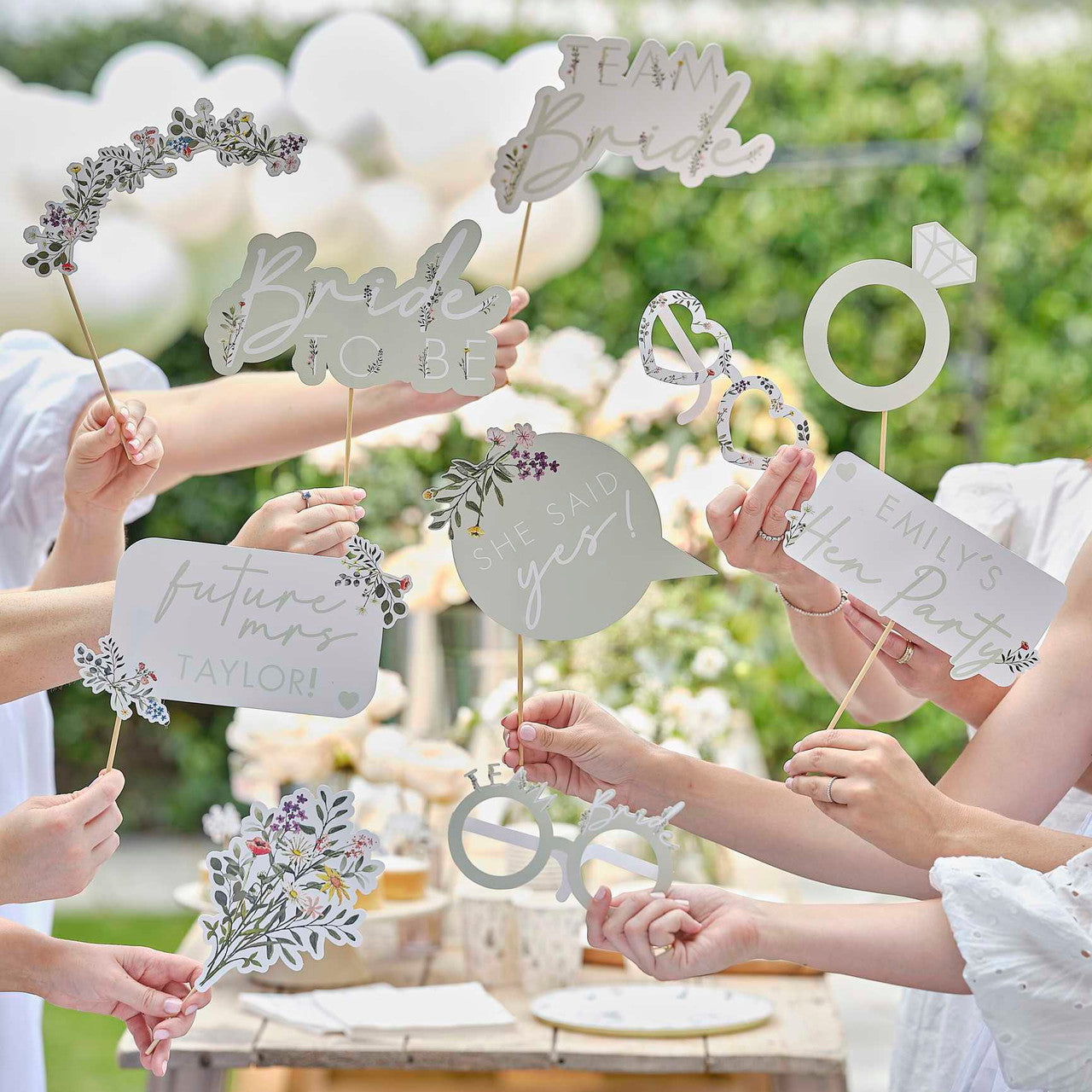 Floral hen party photo booth props for bridal shower celebrations
