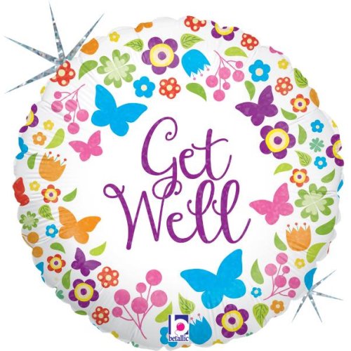 Get Well Floral & Butterfly Holographic Round Foil Balloon