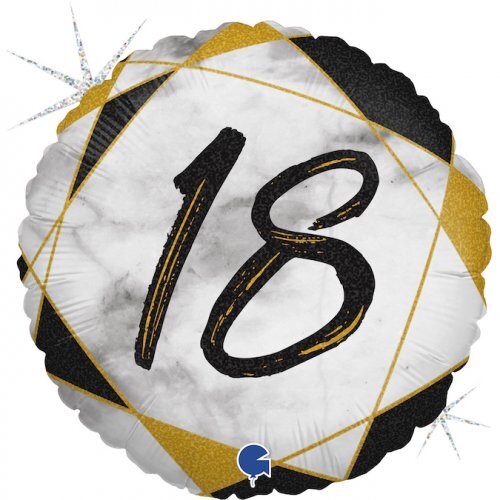 18th Birthday Round Foil Balloon - Marble Black & Gold 45 cm