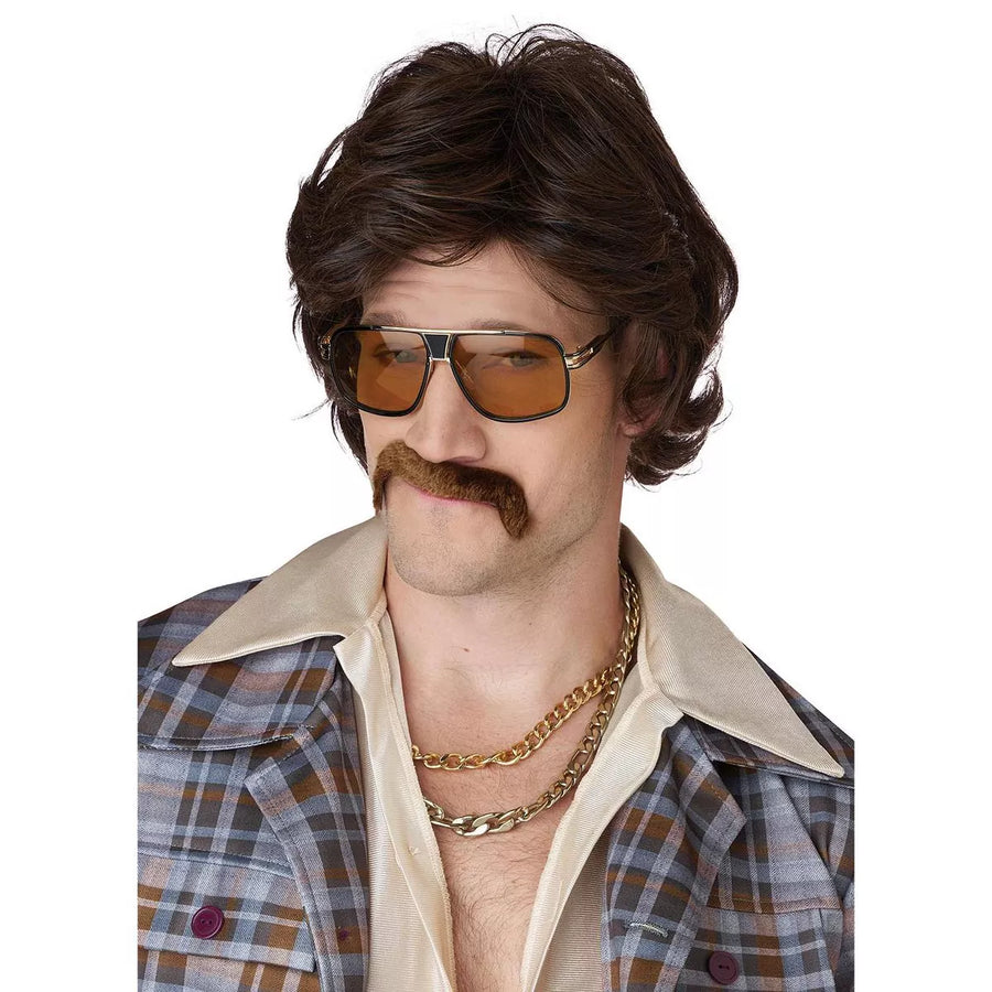 Alt text: Colorful curly brown wig and bushy black moustache set, perfect for 70s disco daddy costume