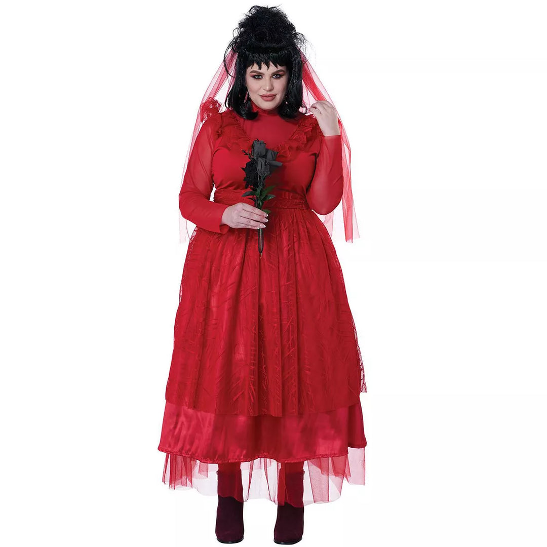 A full-figured woman wearing a spooky Bride from Hell costume at a Halloween party