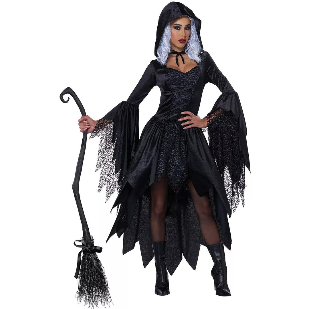 A stunning Bewitching Beauty adult costume featuring a black lace bodice, flowing sleeves, and a layered tulle skirt