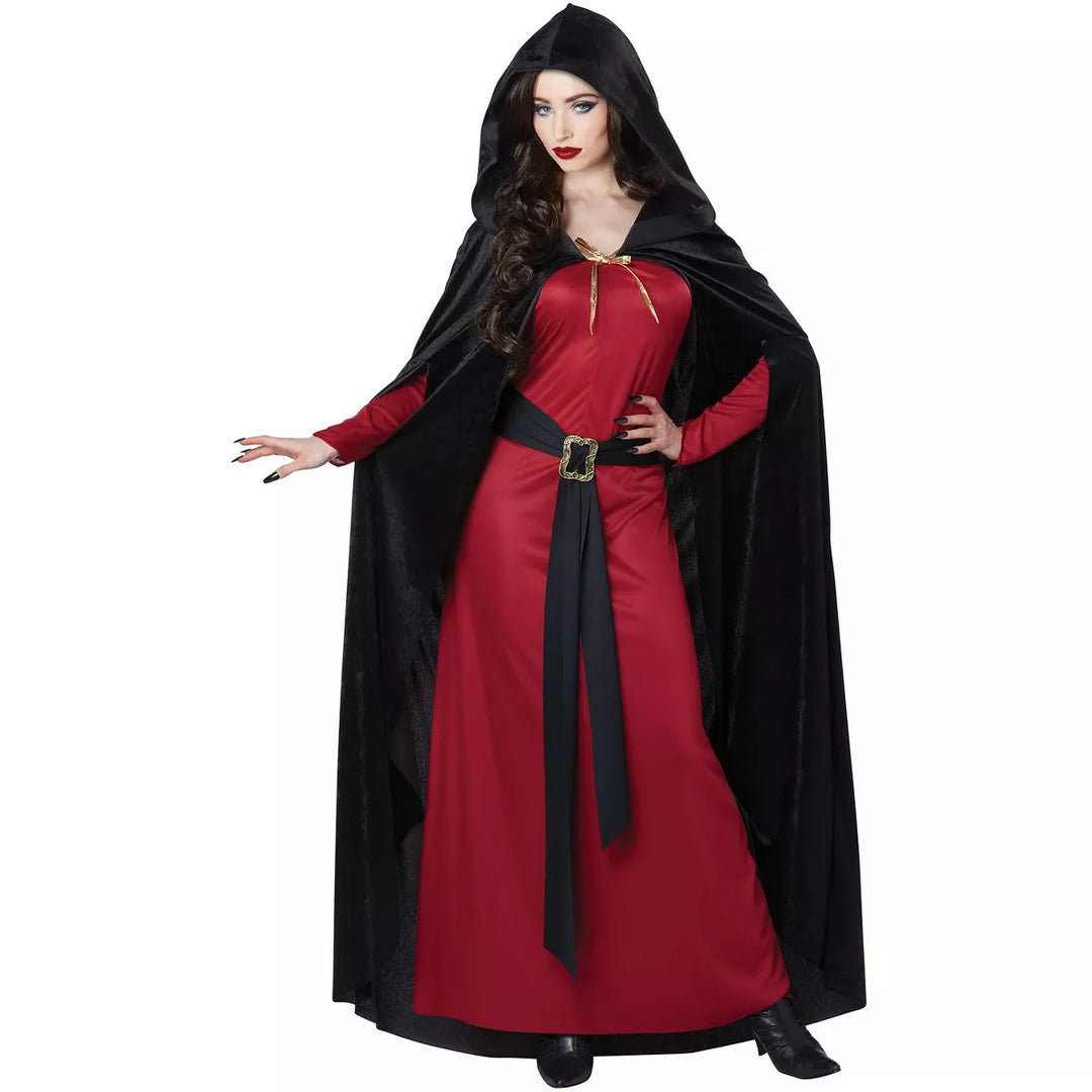 Dark Fairytale Sorceress Adult Costume with flowing black gown, lace-up corset, and pointed hat