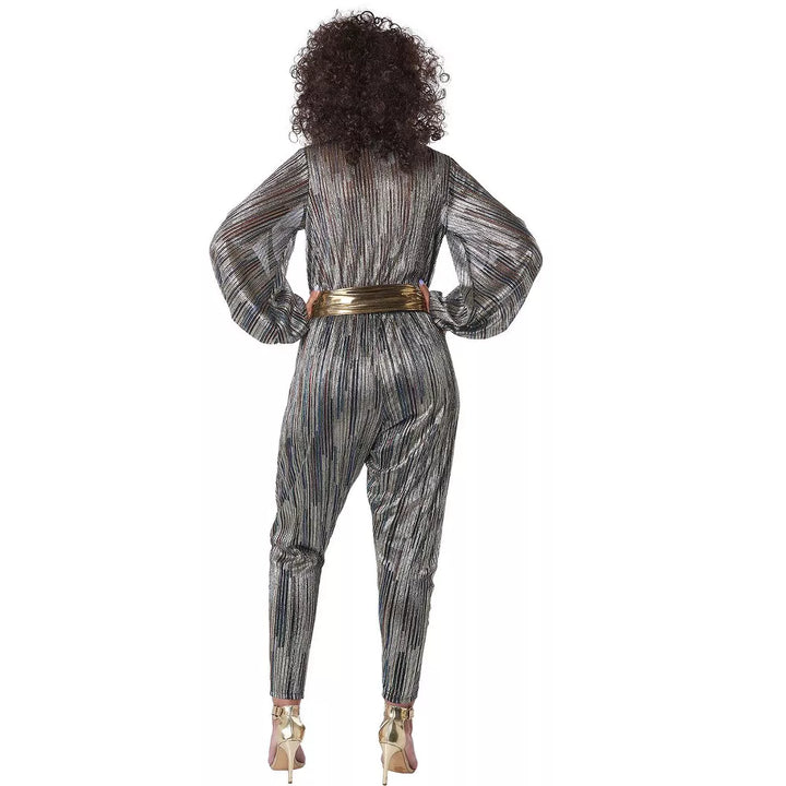 Shiny and sparkly Disco Super Nova Women's Costume with bold patterns and flared sleeves