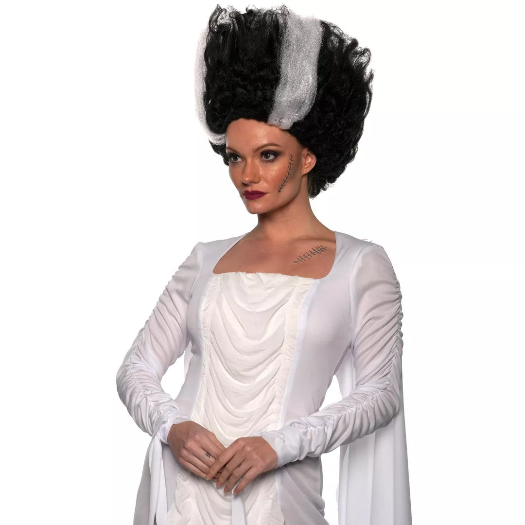 Long, wavy black and white Bride of Frankenstein Wig with iconic streaks