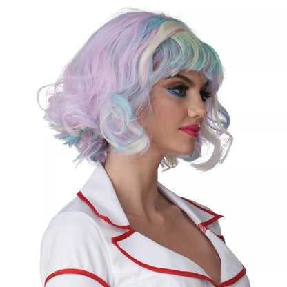 Colourful pastel rainbow wig for adults with loose waves and natural shine