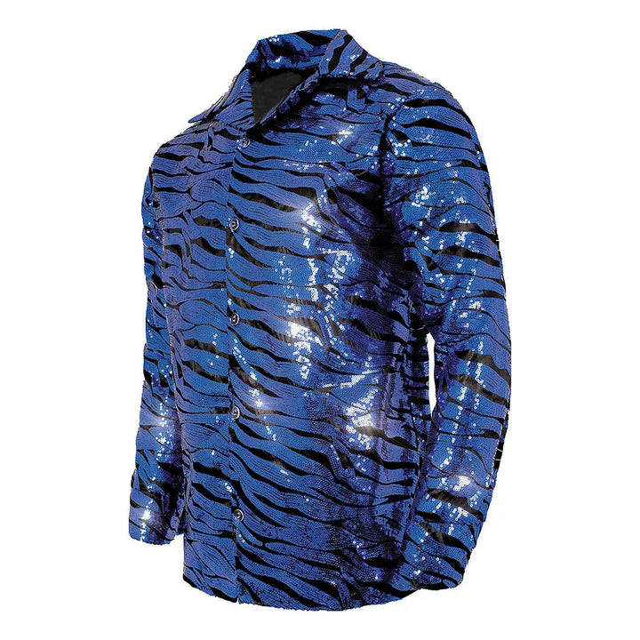 Blue Sequin Tiger Shirt with Sparkling Sequin Detailing and Striped Sleeves 