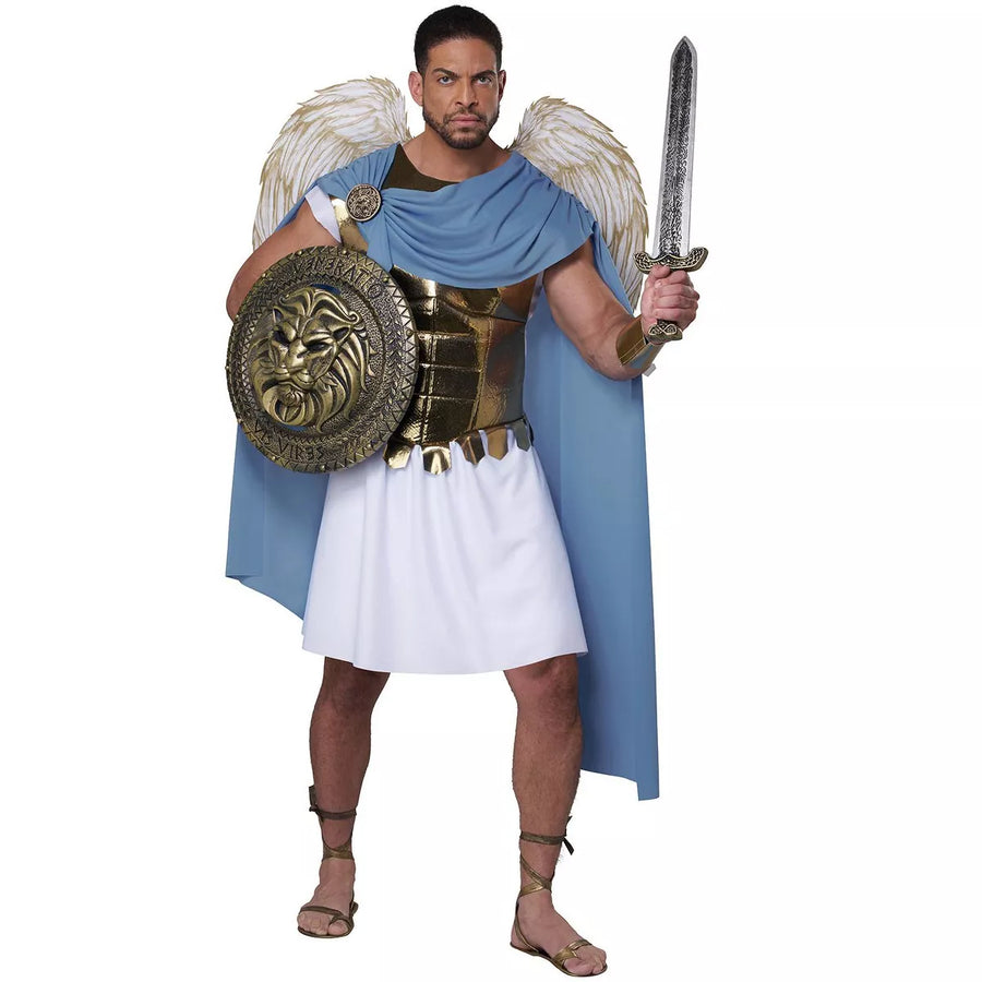 Alt text: Warrior Angel Adult Costume, featuring a white and gold dress with intricate detailing, flowing sleeves, and matching angel wings, perfect for Halloween or costume parties