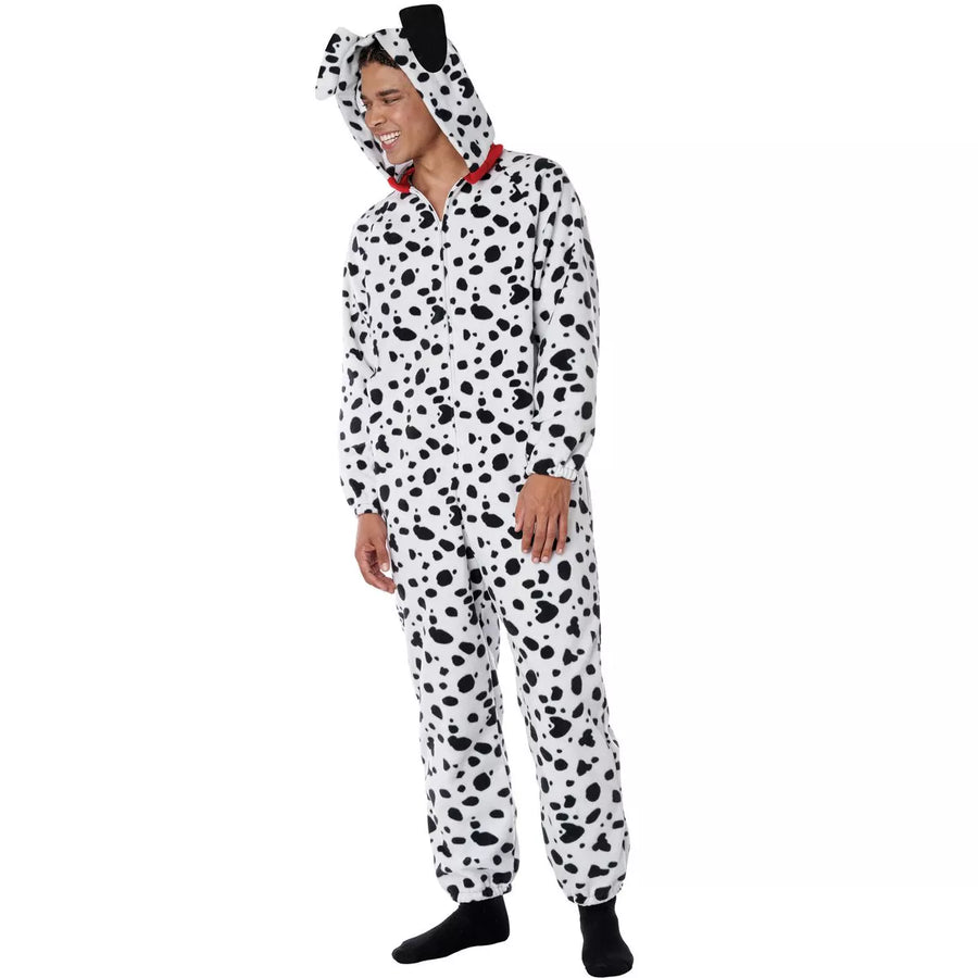 Dalmatian Fleece Jumpsuit Adult Costume with Spotted Pattern and Hood