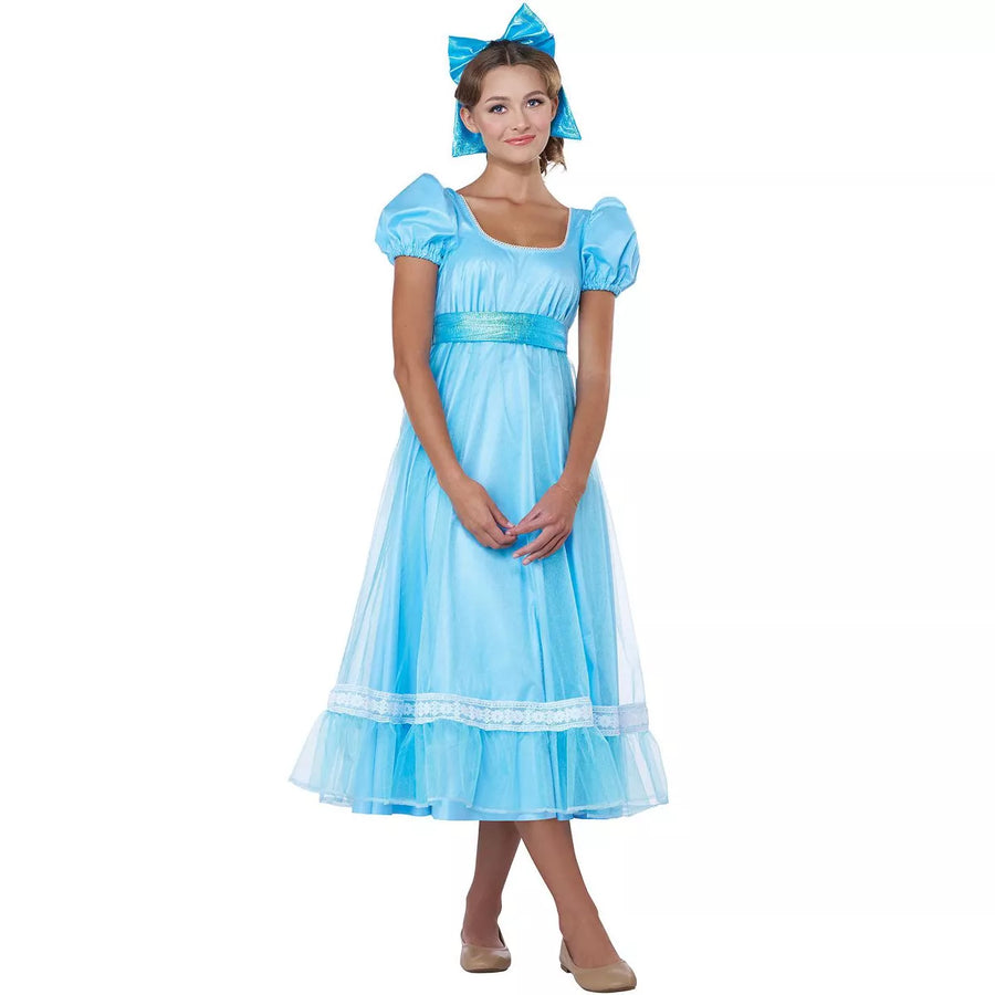 Beautiful blue Peter Pan's Wendy adult costume with lace detailing and belt