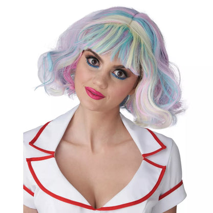 Pastel rainbow adult wig with long curly strands and soft texture