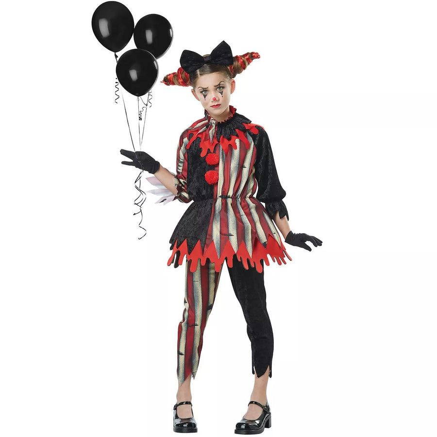 Adorable Dark Circus Clown Child Costume with Striped Jumpsuit, Hat, and Frilly Collar