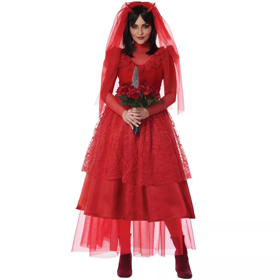 Alt text: Dramatic and spooky Bride From Hell womens costume with tattered veil and eerie makeup