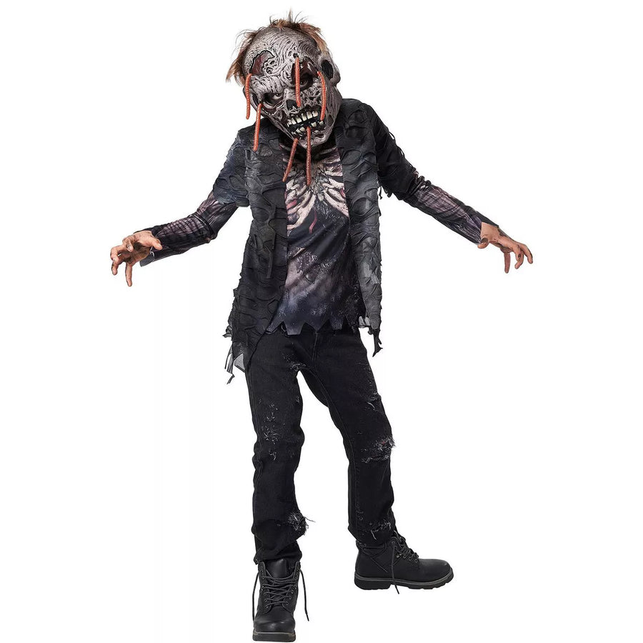 A spooky and realistic zombie child costume with creepy crawling worms