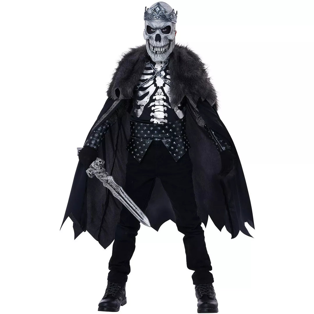 Alt text: A spooky King of the Dead child costume with tattered robes, skeleton mask, and skeletal hand gloves, perfect for Halloween dress-up