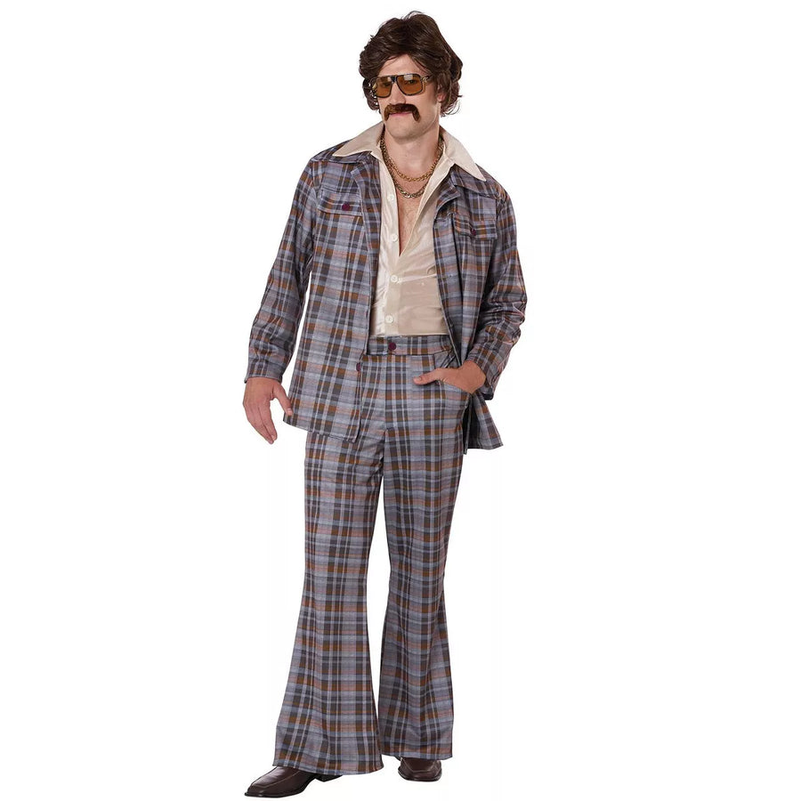 Alt text: 70s Plaid Stallion Leisure Suit Adult Costume in retro style with jacket, pants, and matching hat for Halloween or theme parties