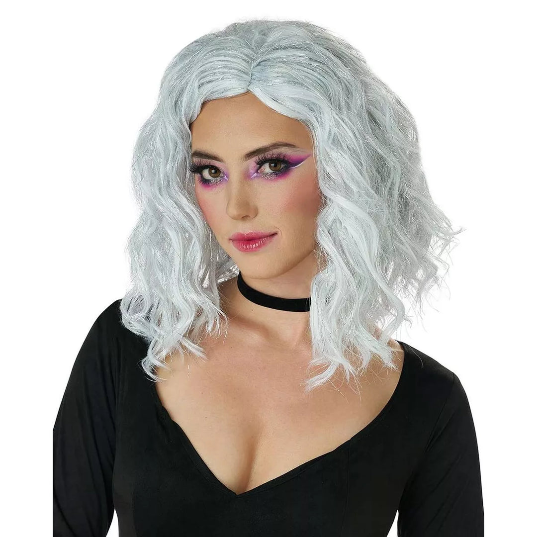 Beautiful white textured bob wig with natural-looking waves and a comfortable fit