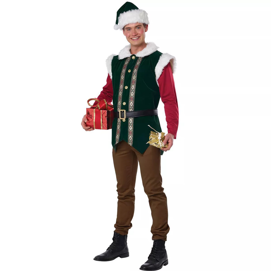 Adult Christmas Elf Set Costume with Red and Green Outfit, Hat, and Accessories