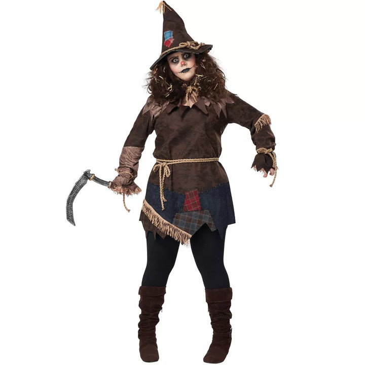 Creepy Scarecrow Women's Plus Size Costume with Patched Dress and Hat